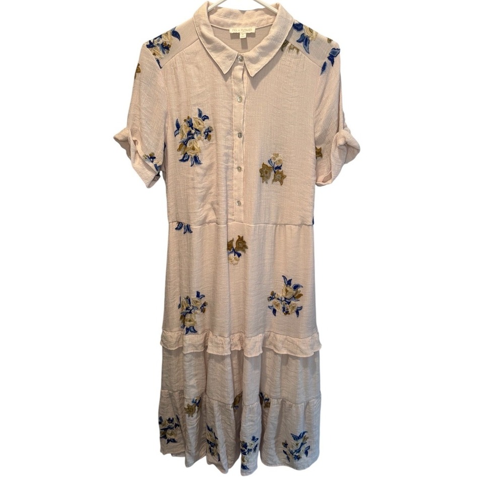Fig + Flower Womens Cream Floral Embroidered Tiered Midi Shirt Dress XL Boho